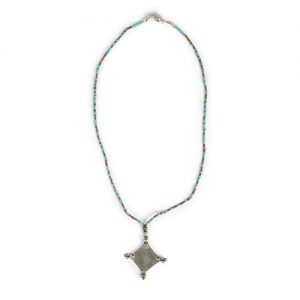 Old Berber cross, turquoise heishi beads, antique coral, tiny silver bead spacers and antique silver ball clasp - Image 1