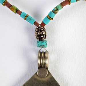 Old Berber cross, turquoise heishi beads, antique coral, tiny silver bead spacers and antique silver ball clasp - Image 3
