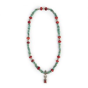 Tibetan old high silver turquoise and coral pendant, turquoise nugget beads, antique carved coral and sterling beads - Image 1