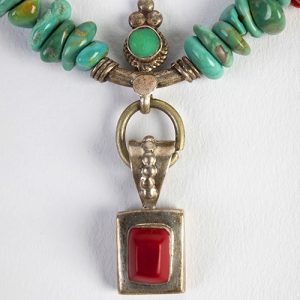 Tibetan old high silver turquoise and coral pendant, turquoise nugget beads, antique carved coral and sterling beads - Image 4