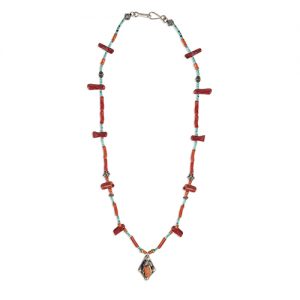 Coral sterling framed pendant, tubular and small coral beads, turquoise heishi beads with old mixed high silver bead spacers and sterling clasp - Image 1