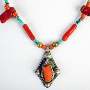 Coral sterling framed pendant, tubular and small coral beads, turquoise heishi beads with old mixed high silver bead spacers and sterling clasp - Image 2