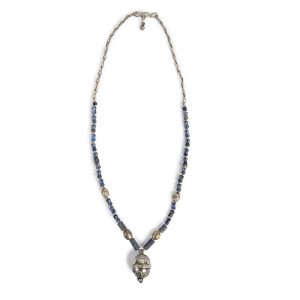 Moroccan Antique gilded silver pendant, mixed Moroccan silver spacers, ancient lapis beads with long old silver chain and closure - Image 1