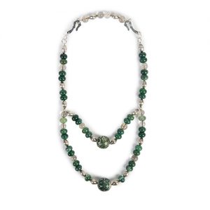 Moroccan Very old inlaid enamel and sterling bead pair, old crystal and green tiger eye beads, Indian sterling over lacque beads, double sterling closure - Image 1