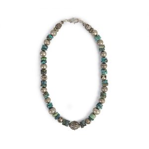 Moroccan very old silver beads, old green blue mix of turquoise roundelle, fine sterling silverr pair end connectors and S hook clasp - Image 1