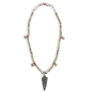 Jade Leaf, carved pendant, adventurine beads, small old coral bead spacers, coral beads surrounding Indian vtribal silver bell pendants with sterling over lacque Indian beads and fine sterling closure - Image 1