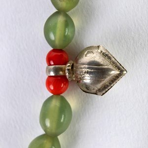 Jade Leaf, carved pendant, adventurine beads, small old coral bead spacers, coral beads surrounding Indian vtribal silver bell pendants with sterling over lacque Indian beads and fine sterling closure - Image 4