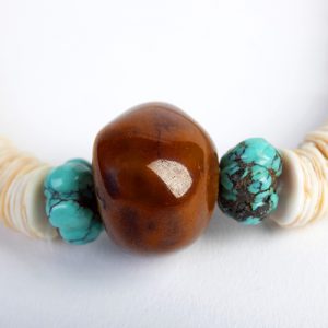 West African shell disks. Carved flower form turquoise spacer beads surrounding large Jade focal bead - Image 3