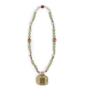 Jade Chinese carved  Happiness pendant, aventurine beads, tiny coral  and turquoise spacers, sterling over lacque conical beads , Tibetan capped silver coral beads with coral inser clasp - Image 1