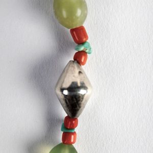 Jade Chinese carved  Happiness pendant, aventurine beads, tiny coral  and turquoise spacers, sterling over lacque conical beads , Tibetan capped silver coral beads with coral inser clasp - Image 3
