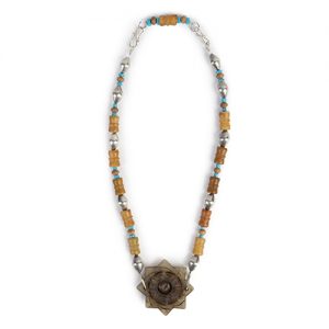 Jade fine pendant, moving center with Yin Yang symbols, Indian sterling over lacque conical beads, old crved jade beads , tinynturquoise and carved wood spacers and sterling closure - Image 1