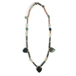 Jasper carved green hearts with antique coral beads, green jade tubes, mixed old stone and glass, sterling clasp - Image 1