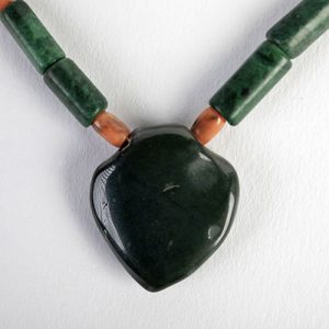 Jasper carved green hearts with antique coral beads, green jade tubes, mixed old stone and glass, sterling clasp - Image 2