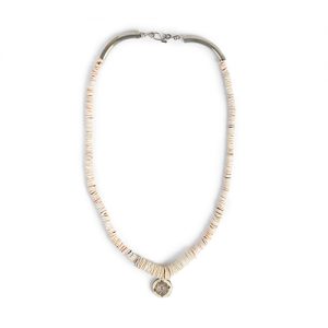 Shell disks, antique bone Indian pendant with silver embossed center, sterling  cone pair ends with sterling clasp - Image 1