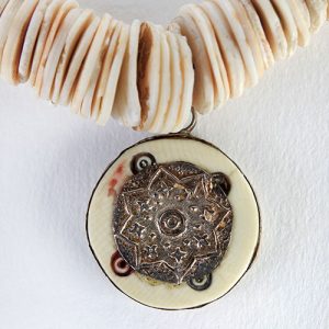 Shell disks, antique bone Indian pendant with silver embossed center, sterling  cone pair ends with sterling clasp - Image 2