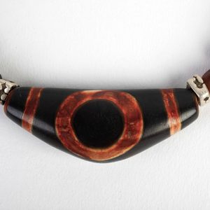 Dzi focal fine double sided bead with traditional Hindu symbols, carved carnelian spacers, old silver rounds, mixed rosewood and carved wooden beads with small old tribal prayer amulets, sterling clasp - Image 2