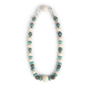 Tibetan silver beads, mixed with old fine bone beads, some inlaid with turquoise, turquoise round beads.  Tibetan silver capped turwuoise beads, sterling double clasp - Image 1