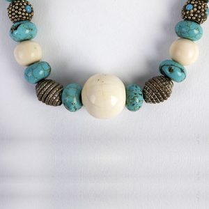 Tibetan silver beads, mixed with old fine bone beads, some inlaid with turquoise, turquoise round beads.  Tibetan silver capped turwuoise beads, sterling double clasp - Image 2
