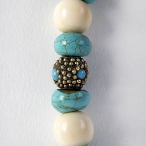 Tibetan silver beads, mixed with old fine bone beads, some inlaid with turquoise, turquoise round beads.  Tibetan silver capped turwuoise beads, sterling double clasp - Image 3