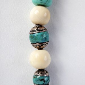 Tibetan silver beads, mixed with old fine bone beads, some inlaid with turquoise, turquoise round beads.  Tibetan silver capped turwuoise beads, sterling double clasp - Image 5
