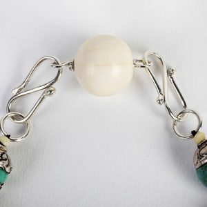 Tibetan silver beads, mixed with old fine bone beads, some inlaid with turquoise, turquoise round beads.  Tibetan silver capped turwuoise beads, sterling double clasp - Image 6