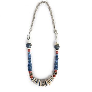 Lapis and old bone disks with large corals, rare Moroccan sterling focal and spacers.  Exceptional huge antique carved lapis bead pair capped with silver. Mounted on antique silver chains and sterling hooks - Image 1
