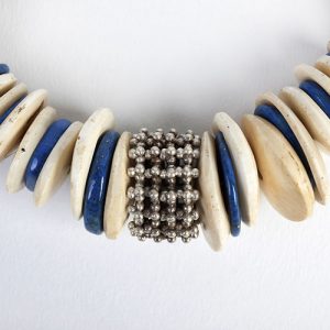 Lapis and old bone disks with large corals, rare Moroccan sterling focal and spacers.  Exceptional huge antique carved lapis bead pair capped with silver. Mounted on antique silver chains and sterling hooks - Image 2