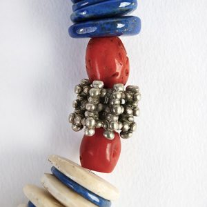 Lapis and old bone disks with large corals, rare Moroccan sterling focal and spacers.  Exceptional huge antique carved lapis bead pair capped with silver. Mounted on antique silver chains and sterling hooks - Image 3