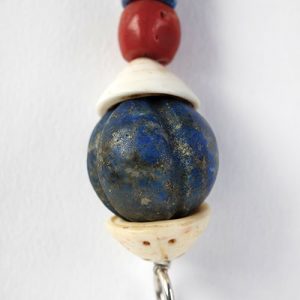 Lapis and old bone disks with large corals, rare Moroccan sterling focal and spacers.  Exceptional huge antique carved lapis bead pair capped with silver. Mounted on antique silver chains and sterling hooks - Image 4