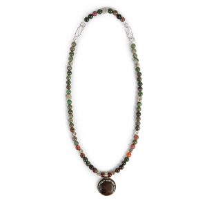 Tibetan carved silver frame, agate pendant, agate beads, heavy silver 'eye' bead spacers, double sterling hook closure - Image 1