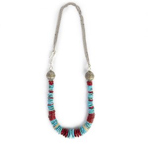 Coral, turquoise, silver, bone very old carved disks mixed with disks, with antique Yemeni beads, silver chains and double sterling hook closure - Image 1