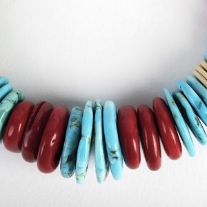Coral, turquoise, silver, bone very old carved disks mixed with disks, with antique Yemeni beads, silver chains and double sterling hook closure - Image 2
