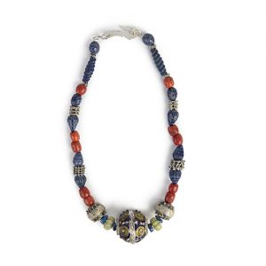 Moroccan huge rare antique enamel on silver focal, surrounded by carved melon jade beads with Moroccan silver bead  pair, antique carved lapis beads, Moroccan silver spacers, sterling hook closure - Image 1
