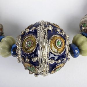 Moroccan huge rare antique enamel on silver focal, surrounded by carved melon jade beads with Moroccan silver bead  pair, antique carved lapis beads, Moroccan silver spacers, sterling hook closure - Image 2