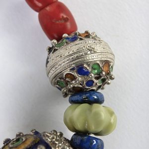 Moroccan huge rare antique enamel on silver focal, surrounded by carved melon jade beads with Moroccan silver bead  pair, antique carved lapis beads, Moroccan silver spacers, sterling hook closure - Image 3