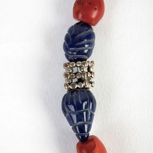 Moroccan huge rare antique enamel on silver focal, surrounded by carved melon jade beads with Moroccan silver bead  pair, antique carved lapis beads, Moroccan silver spacers, sterling hook closure - Image 4