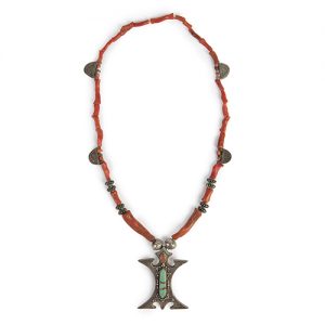 Tibetan silver pendant set with green turquoise and corals, coral antique tubular beads, old silver spacers, silver prayer boxes - Image 1