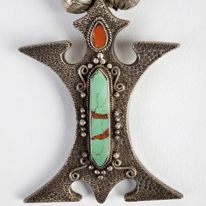 Tibetan silver pendant set with green turquoise and corals, coral antique tubular beads, old silver spacers, silver prayer boxes - Image 2