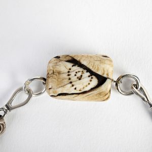 Japanese antique Obi incised bone ornament focal. with old Inlaid prayer beads, sterling Thai sterling 'eye' spacers, double sterling hooks framing rare Naga carved conch bead - Image 3