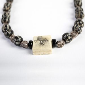 Japanese antique Obi incised bone ornament focal. with old Inlaid prayer beads, sterling Thai sterling 'eye' spacers, double sterling hooks framing rare Naga carved conch bead - Image 4