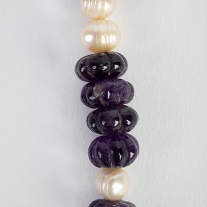 Amethyst carved roundelle beads, natural pearls, carved Jade beads with sterling double hook closure - Image 3