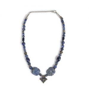 Lapis carved flowers, beads,Moroccan sterling pendant, mixed lapis beads, sterling spacers, old sterling conical ends with old sterling chain closure - Image 1