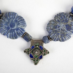 Lapis carved flowers, beads,Moroccan sterling pendant, mixed lapis beads, sterling spacers, old sterling conical ends with old sterling chain closure - Image 2