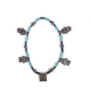 Moroccan inlaid enamel pendant and  Hand of Fatima spacers, double turquoise tubular beads, lapis bead spacers - Image 1