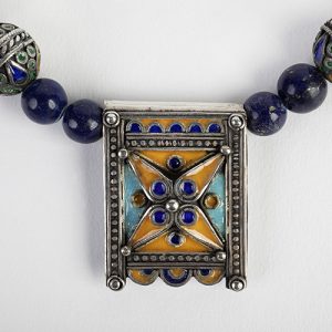 Moroccan inlaid enamel pendant and  Hand of Fatima spacers, double turquoise tubular beads, lapis bead spacers - Image 2