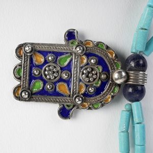 Moroccan inlaid enamel pendant and  Hand of Fatima spacers, double turquoise tubular beads, lapis bead spacers - Image 4