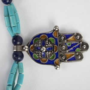 Moroccan inlaid enamel pendant and  Hand of Fatima spacers, double turquoise tubular beads, lapis bead spacers - Image 6