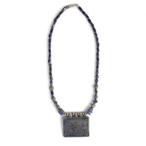 Moroccan enamel inlaid pendant focal, carved antique lapis beads, paired old  sterling spacers, sterling hook clsoure - Image 1