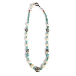 Moroccan gilded focal, turquoise heishi beads, conch, coral and bone beads, paired old silver spacers, sterling hook closure - Image 1