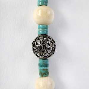 Moroccan gilded focal, turquoise heishi beads, conch, coral and bone beads, paired old silver spacers, sterling hook closure - Image 4